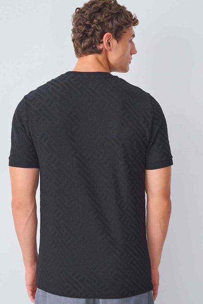 NEXT black crew-neck short-sleeve T-shirt, back view with geometric texture