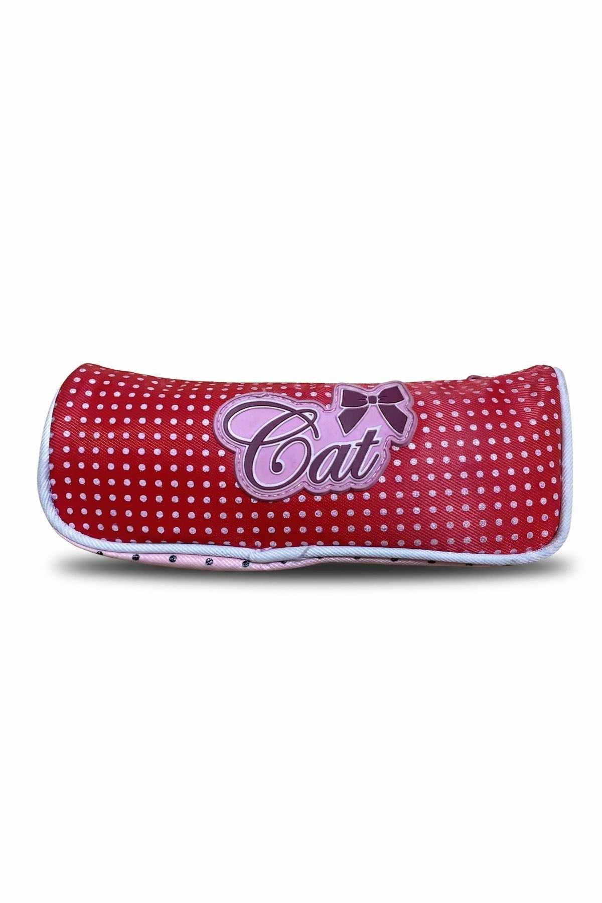 Red polka-dot zip pencil case with Cat emblem on the front panel