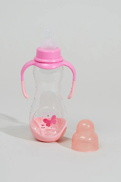 Pink-handled baby bottle with clear body, flip-top cap and two spare nipples