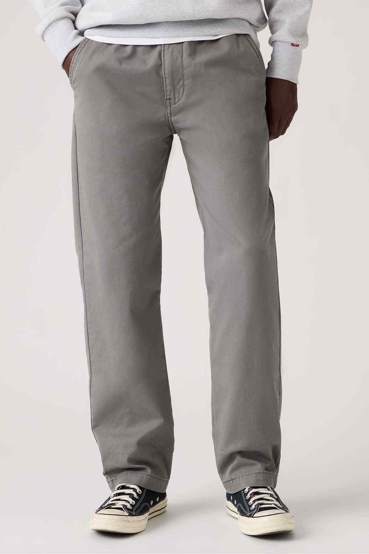 Levi's grey elastic-waist straight pants, front seam and pocket detail