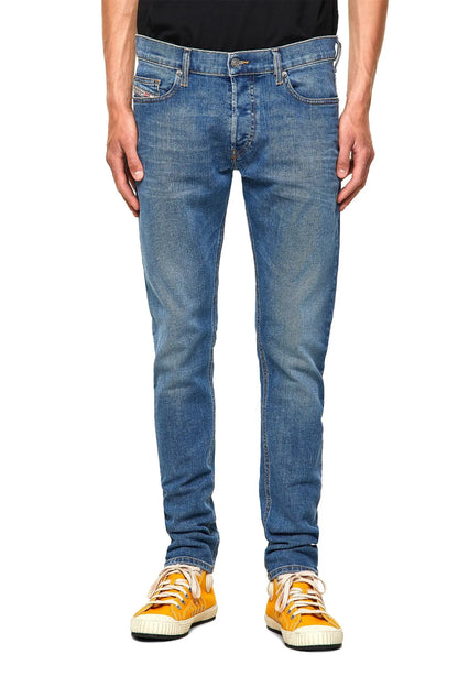 Light blue denim jeans with button fly, belt loops, and front pockets
