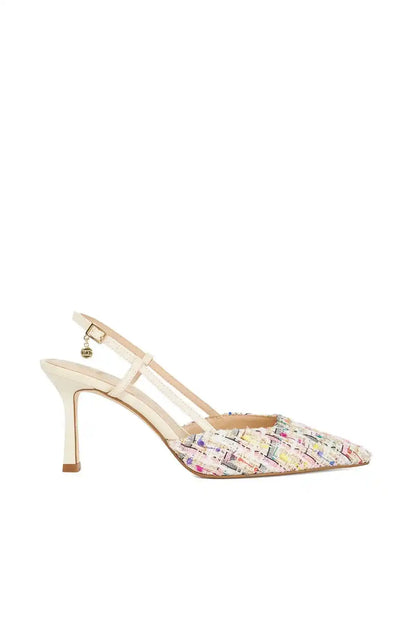 Multi-color tweed pointed-toe slingback stiletto heel, profile view