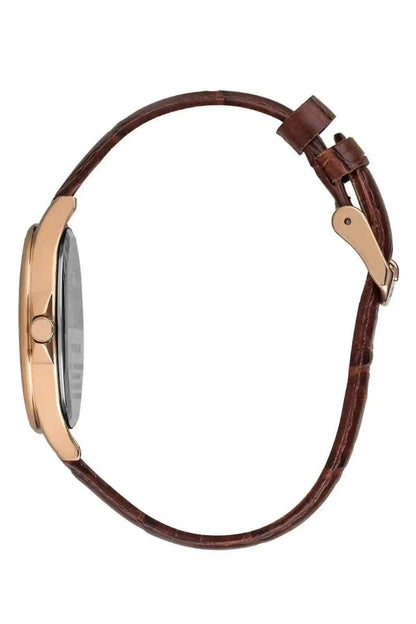 Brown leather strap wristwatch with rose-gold case side view, crown at right