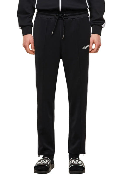 Black drawstring jogger pants with taper legs, cuff hems, and small ds1 logo