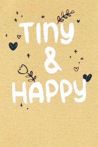 Carter's yellow bodysuit print: Tiny & Happy with hearts and stars