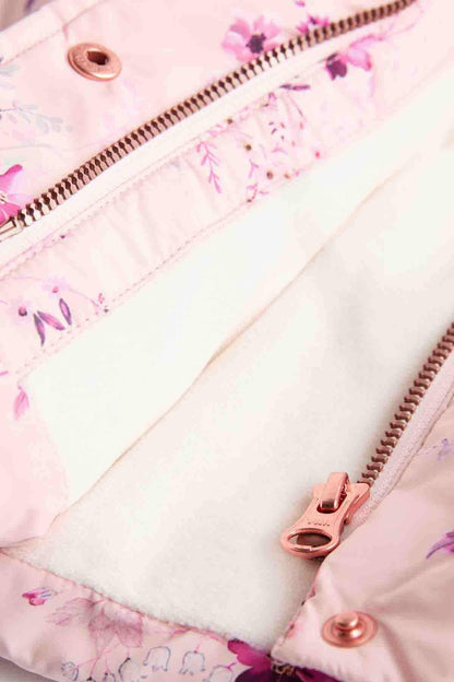 Pink floral puffer jacket with metal zipper and snap closure