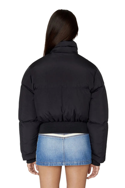 Black puffer jacket back view with hood and full-length zipper.