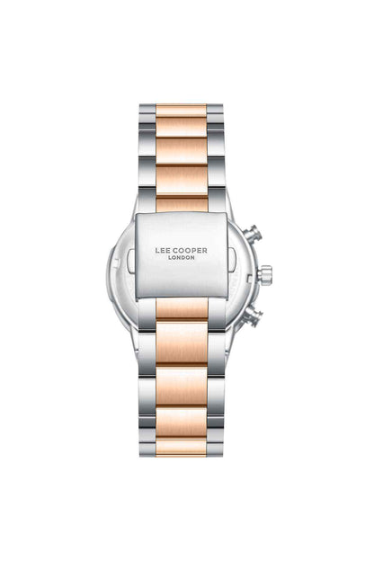 Two-tone wristwatch with rose-gold center links and silver bracelet, side details visible