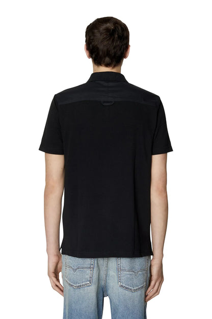 Black polo shirt back view with short sleeves