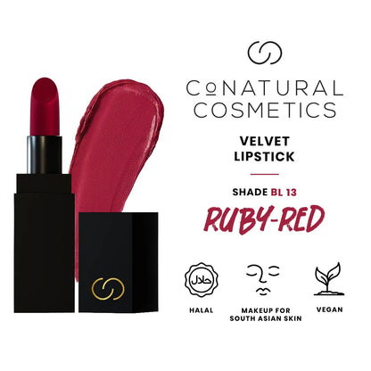 Conatural velvet lipstick product box with tube and red shade swatch