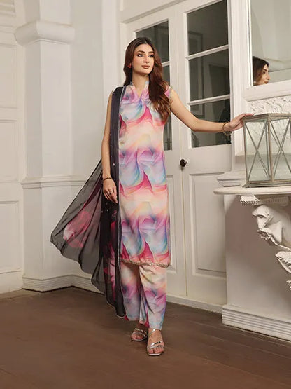Women’s pastel swirl printed sleeveless kurta set with long trousers and black sheer dupatta
