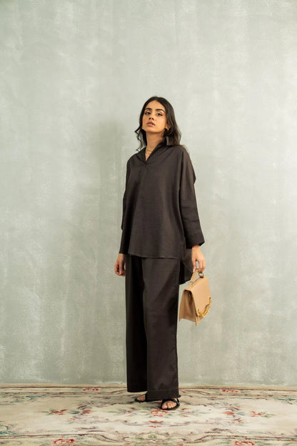 Charcoal hooded lounge set with loose blouse top and wide-leg trousers