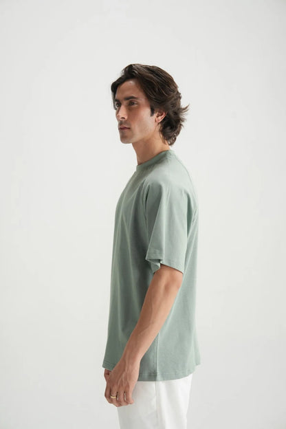 Teal crew-neck short-sleeve T-shirt, side profile