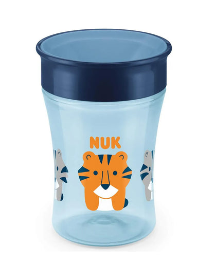 Light blue kids cup with tiger graphic and dark blue lid