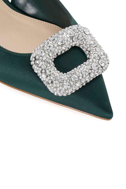 Green pointed toe slingback with large crystal buckle ornament and textured finish
