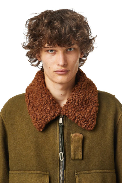 Olive green jacket with brown shearling collar and center front zipper
