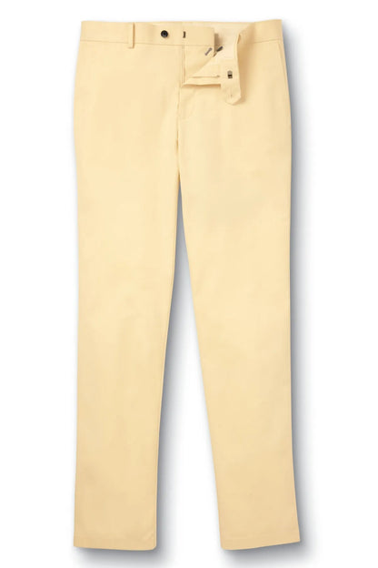 Charles Tyrwhitt yellow trousers flat lay, front view with belt loops and fly