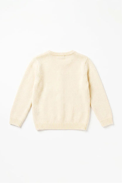Ecru kids knit sweater back with ribbed cuffs and hem, solid knit design
