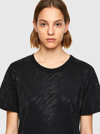 Black crew-neck T-shirt dress, short sleeves, close-up of textured fabric