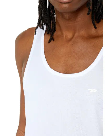 White sleeveless tank top with round scoop neck and small chest logo