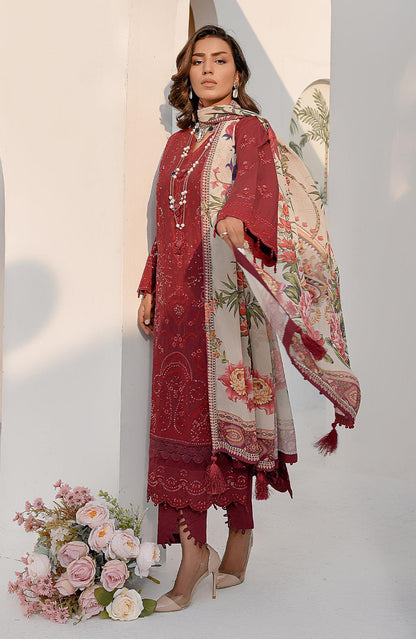 Maroon kurta with patterned borders and floral cream dupatta, side view