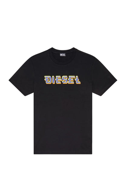Black crewneck T-shirt with colorful Diesel logo, flat lay