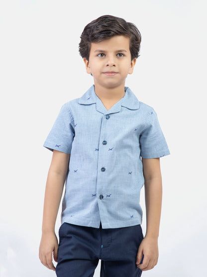Light blue cotton short-sleeve button-up shirt with small print, front view