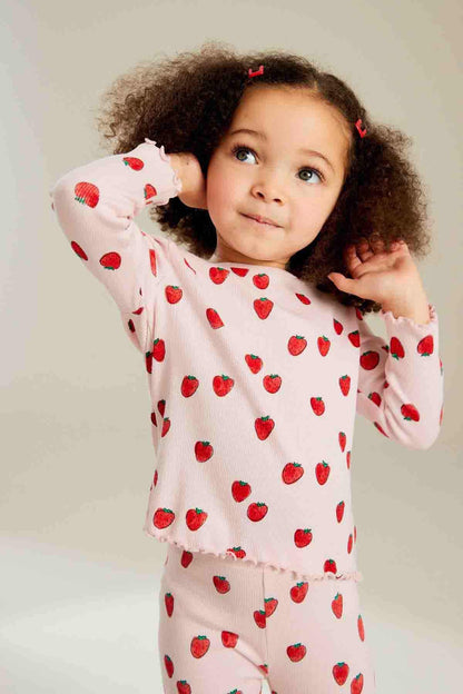 Kids' strawberry print pajama set with long sleeves and pants, round neckline