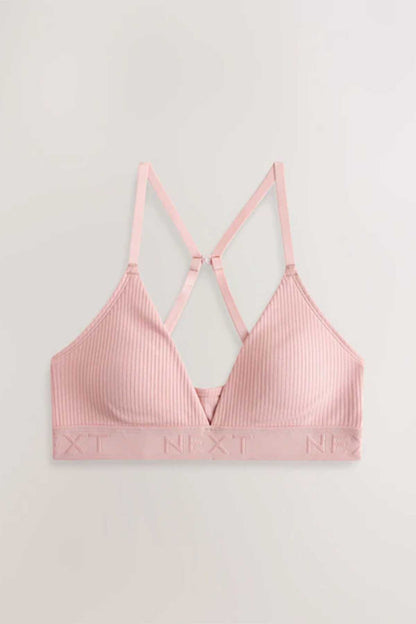 Pink triangle bralette with V-neck and adjustable straps, stretchy elastic underband