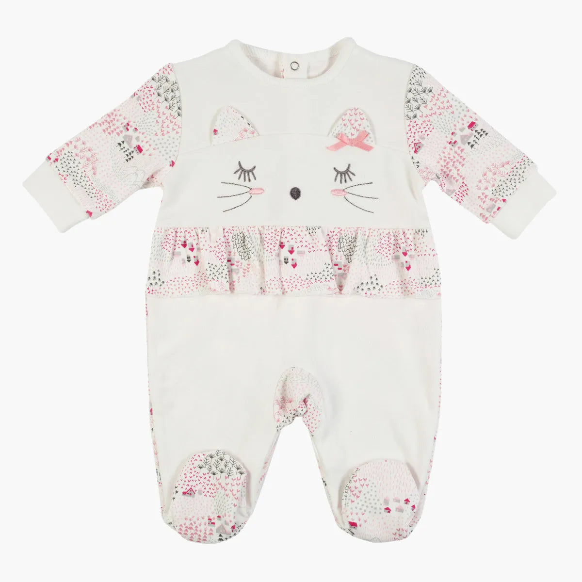 Pink-and-white baby sleepsuit with long sleeves, cat face print, footed legs