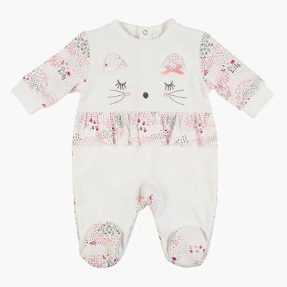 Pink-and-white baby sleepsuit with long sleeves, cat face print, footed legs