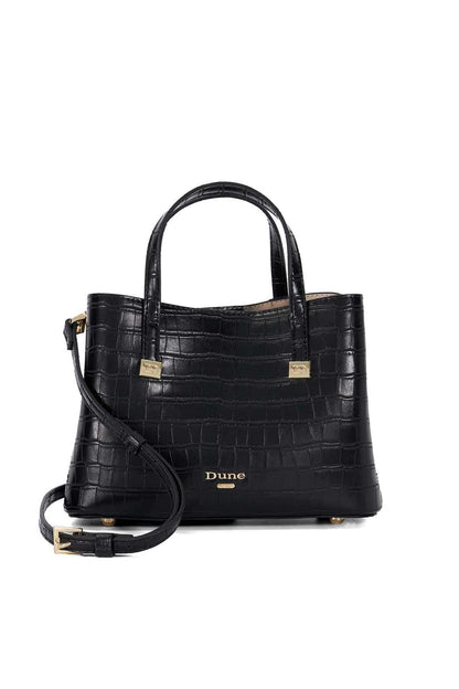 Dune London black croc-embossed leather tote with top handles and crossbody strap