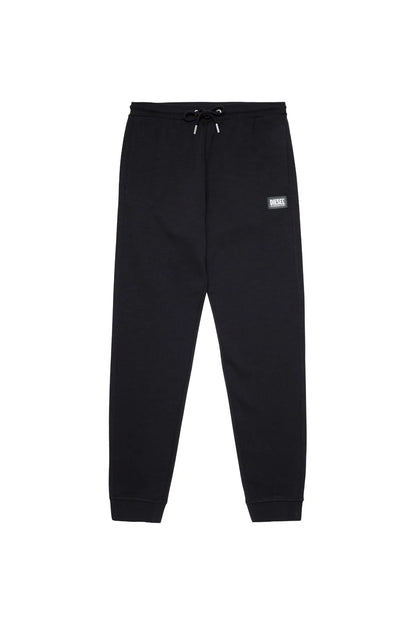 Black jogger sweatpants with drawstring waist, slim tapered legs, logo label.