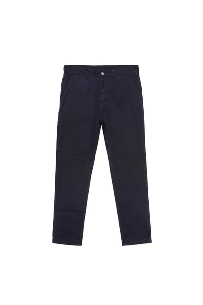 Dark navy straight-leg jeans with button closure and belt loops, flat lay