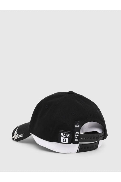 Black Diesel cap back view with adjustable strap and inner label