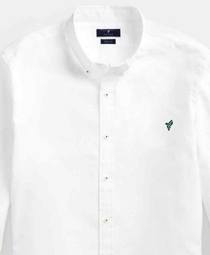 White slim-fit button-up shirt with short collar and green logo on chest