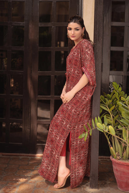 Velour maxi dress, red floral print V-neck with side slit and short sleeves, side view