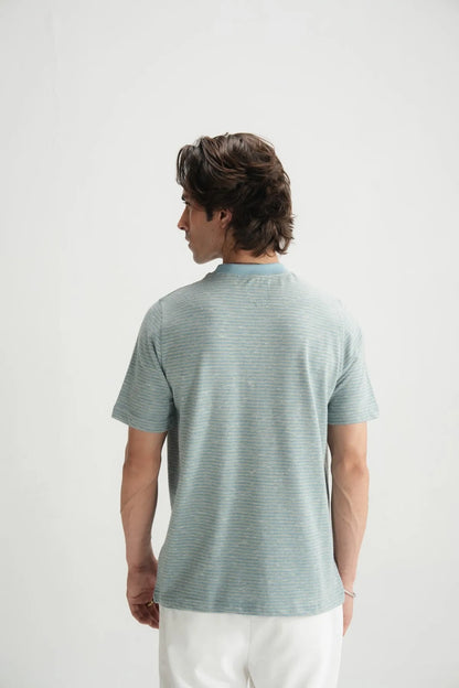 Men's light blue striped crewneck T-shirt, back view with short sleeves