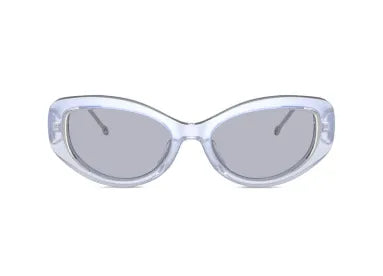 Diesel light blue oval sunglasses with gray lenses, close-up front