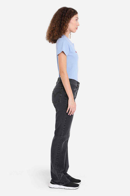 Levi's black straight-leg jeans, side view, five-pocket with belt loops