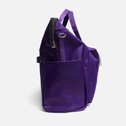 Purple tote bag with side zipper pocket and top carry handles