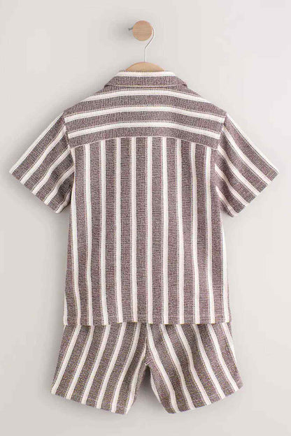 Kids striped short-sleeve shirt and shorts set in brown and white, back view on hanger