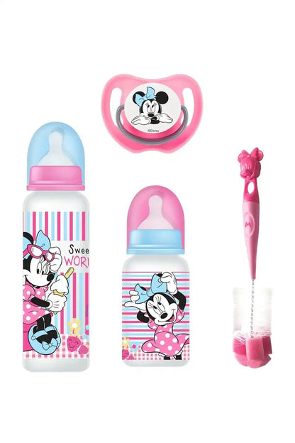 Mickey and Minnie baby bottle and sippy cup with pacifier and cleaning brush, pink and blue