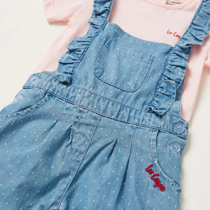 Blue denim-style baby overalls with adjustable straps and red logo patch