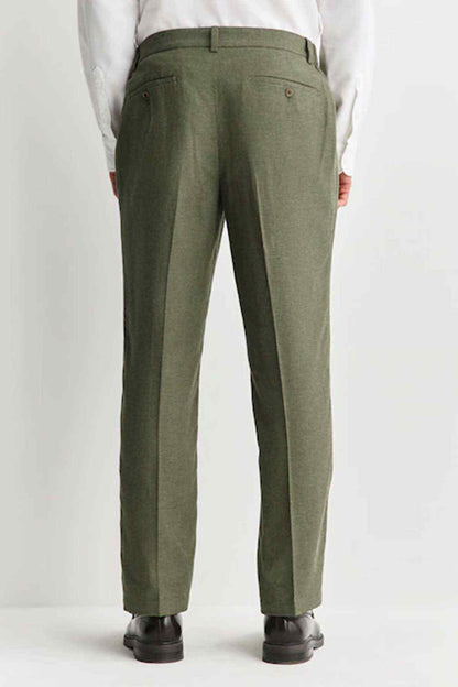 Olive green straight-leg trousers with belt loops and rear darts