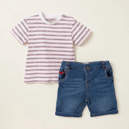Baby striped T-shirt and blue denim shorts set, white with red and navy lines