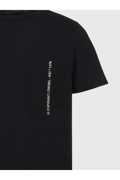 Black T-shirt close-up of vertical Diesel logo text print on chest