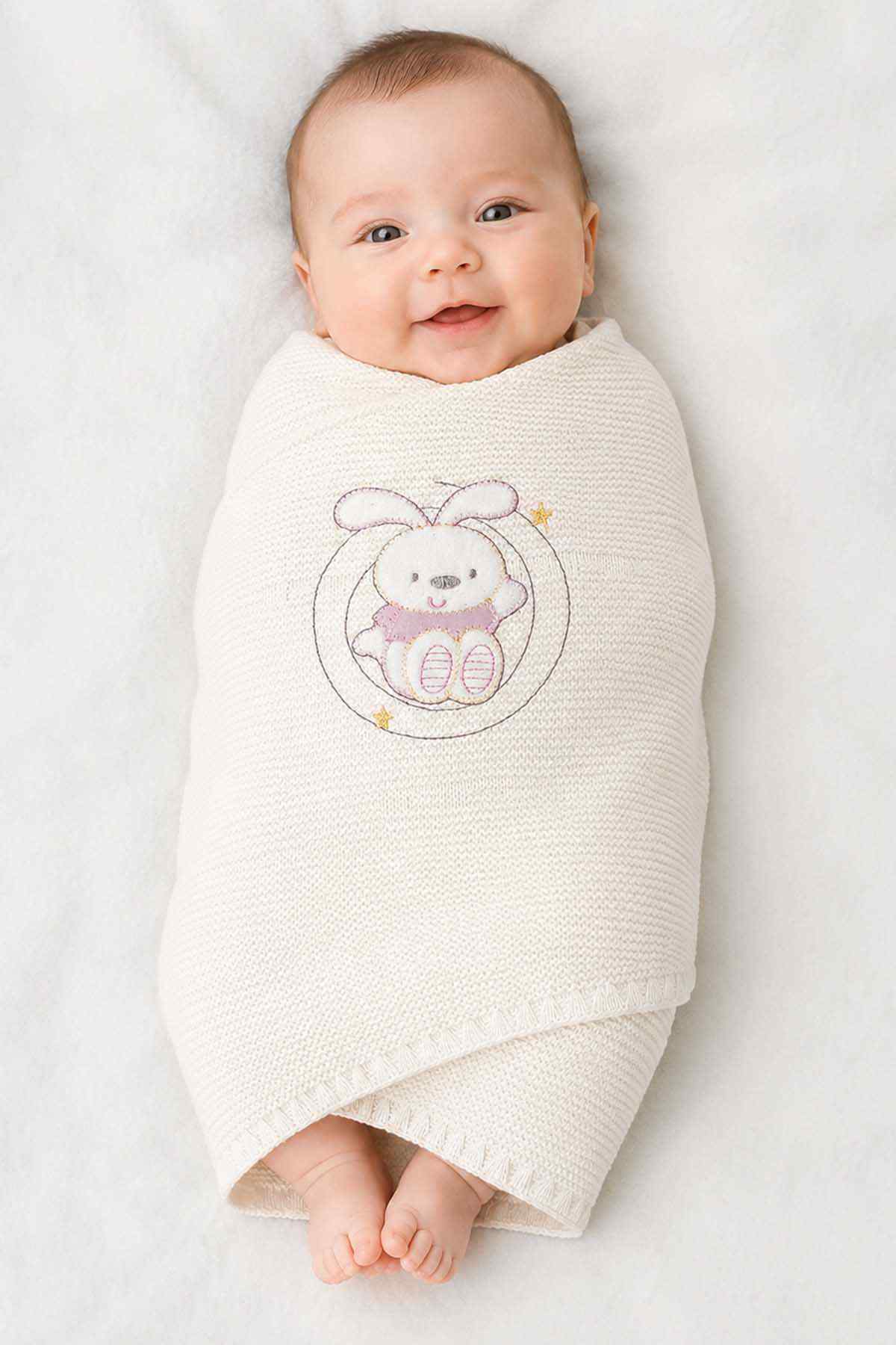 BABYSHOP baby shawl, white knit with cute rabbit graphic on front