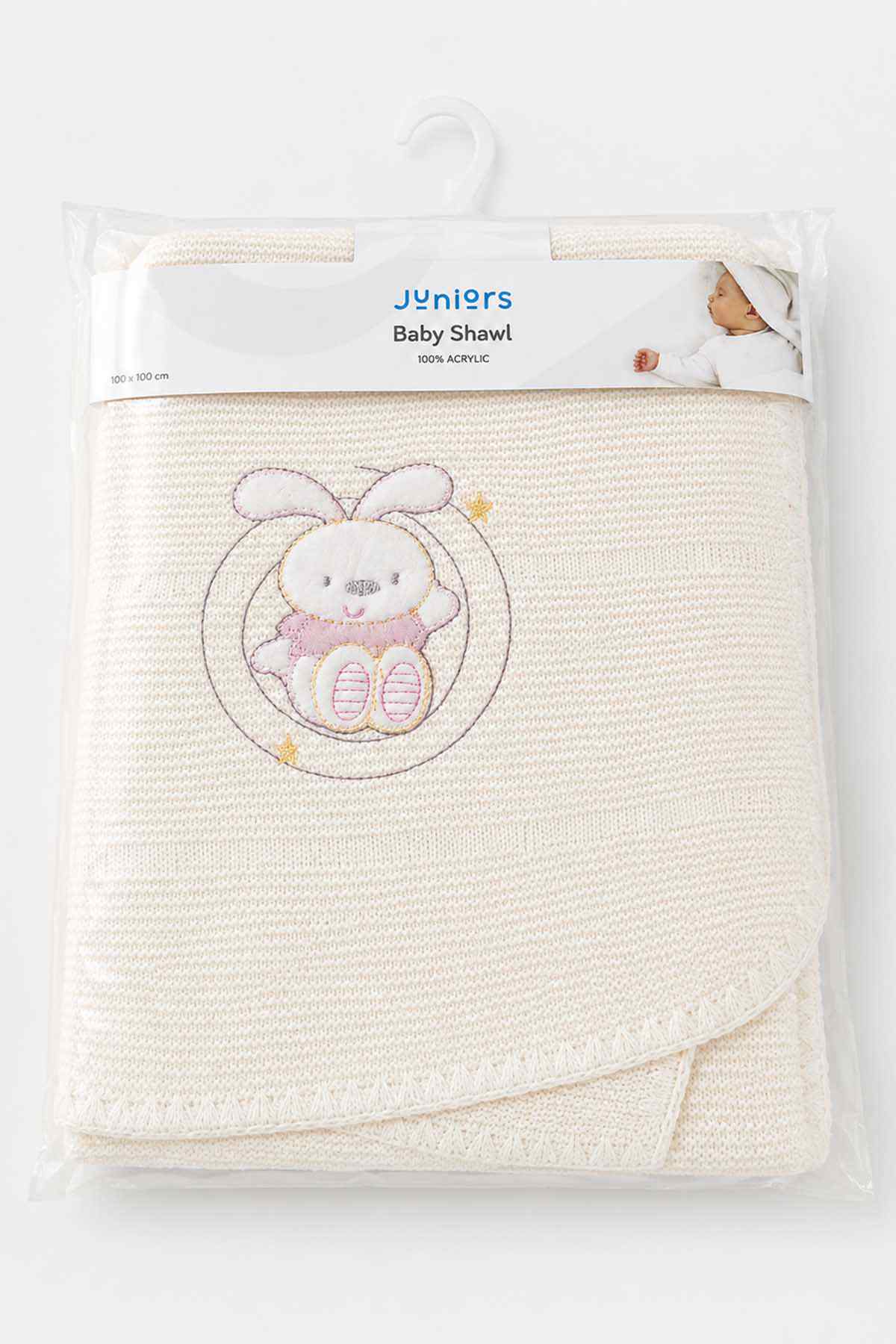 Baby shawl in clear bag, white textured knit blanket with rabbit design
