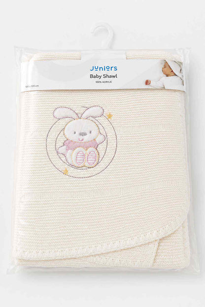 Baby shawl in clear bag, white textured knit blanket with rabbit design